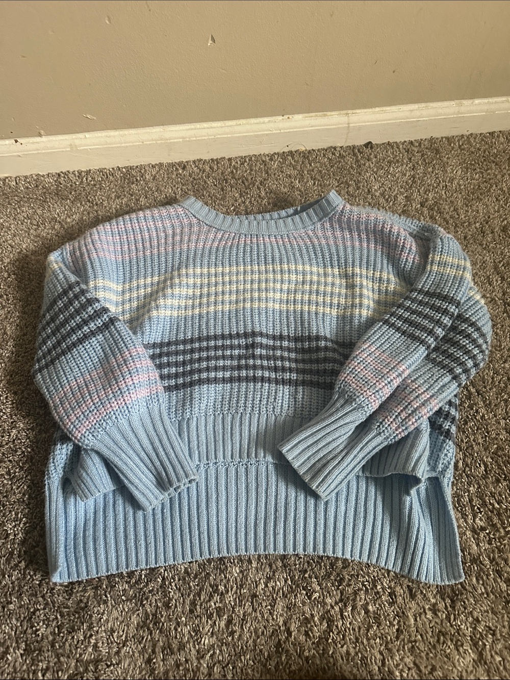 Light Blue Striped Crewneck Sweater - Womens